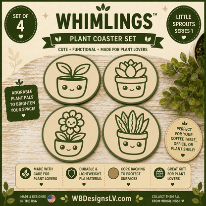 Whimlings Little Sprouts set of four green and cream plant coasters with matching holder