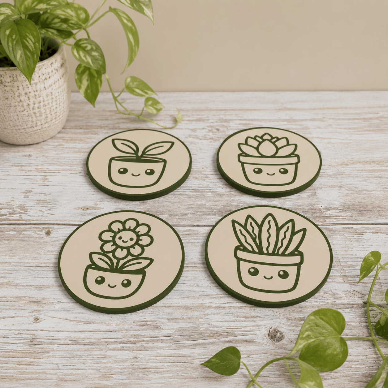 Four round coasters with dark green borders and cute potted plant illustrations, arranged on a whitewashed wooden surface with green trailing plants in the corners.