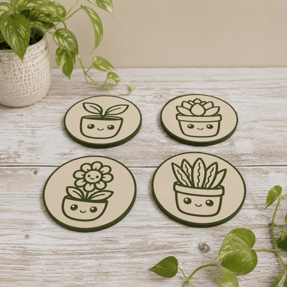 Four round coasters with dark green borders and cute potted plant illustrations, arranged on a whitewashed wooden surface with green trailing plants in the corners.