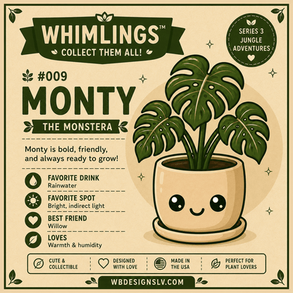 A retro-style collectible poster for a potted Monstera plant named 'Monty'. The poster features a beige background with dark green text and illustrations, showing a cute cartoon face on the pot.