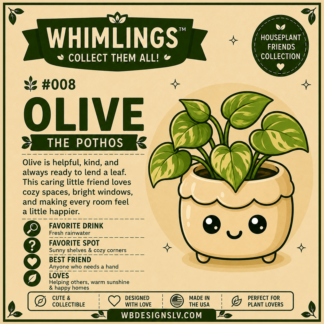 A decorative product graphic for a potted plant labeled 'Whimlings Collect Them All! #008 Olive The Pothos.' The design shows a cartoon-style smiling planter holding a leafy green plant on a beige background with text describing the plant's traits and care-related icons.