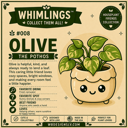 A decorative product graphic for a potted plant labeled 'Whimlings Collect Them All! #008 Olive The Pothos.' The design shows a cartoon-style smiling planter holding a leafy green plant on a beige background with text describing the plant's traits and care-related icons.