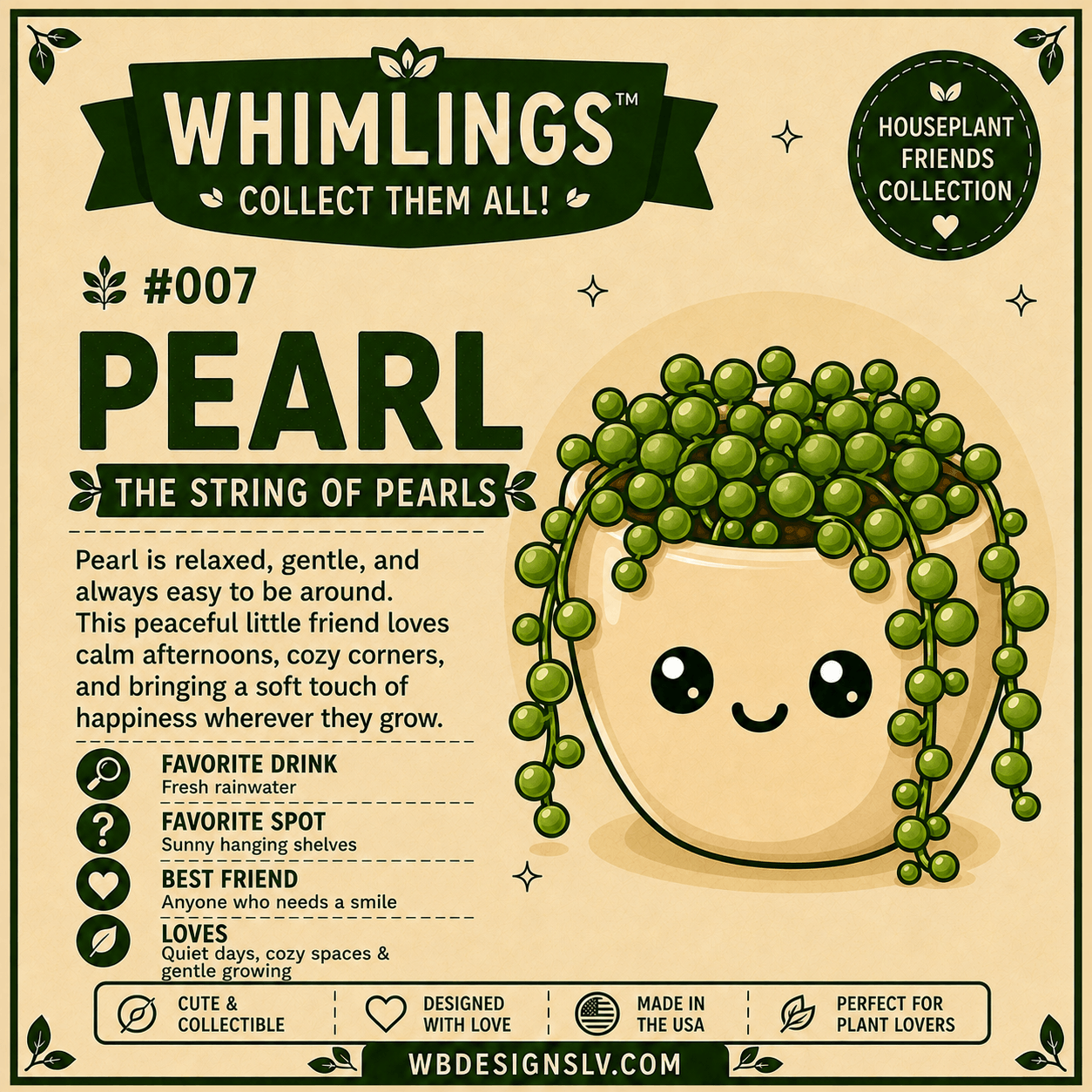 A decorative product card for a Whimlings collectible plant labeled 'Pearl' (#007), showing a cartoon cup-shaped plant with green pearl-like leaves and a smiling face on a beige background with text and decorative graphics.