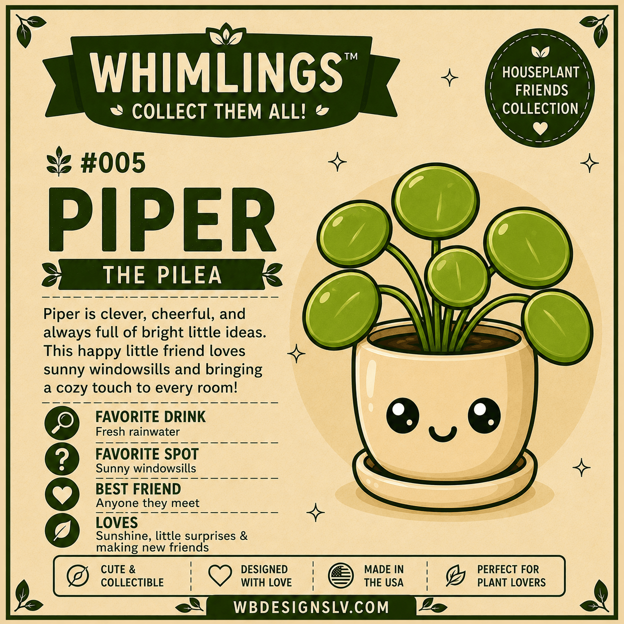 A decorative product card for a Whimlings collectible plant pot labeled 'Piper the Pilea'. The design features a beige background with dark green text and illustrations, showing a cute cartoon potted plant with green leaves and a smiling face.