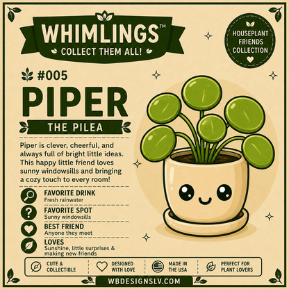 A decorative product card for a Whimlings collectible plant pot labeled 'Piper the Pilea'. The design features a beige background with dark green text and illustrations, showing a cute cartoon potted plant with green leaves and a smiling face.