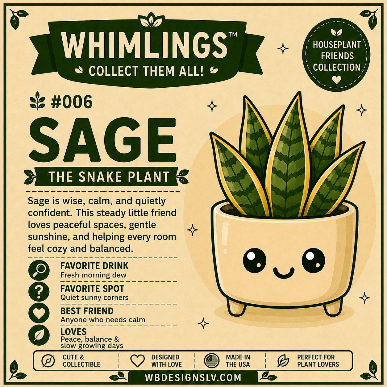 A collectible plant card for the Whimlings 'Sage' snake plant, featuring a cute cartoon illustration of the smiling plant in a beige pot on a beige background with text detailing its characteristics.