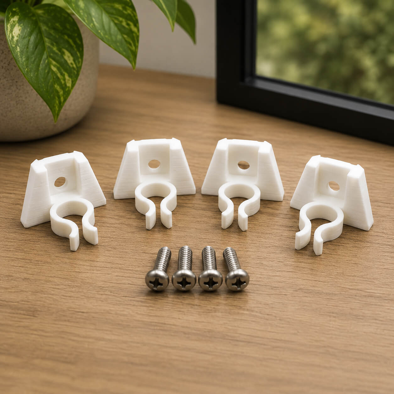 Set of white plastic clips and screws on a wooden surface with a plant in the background