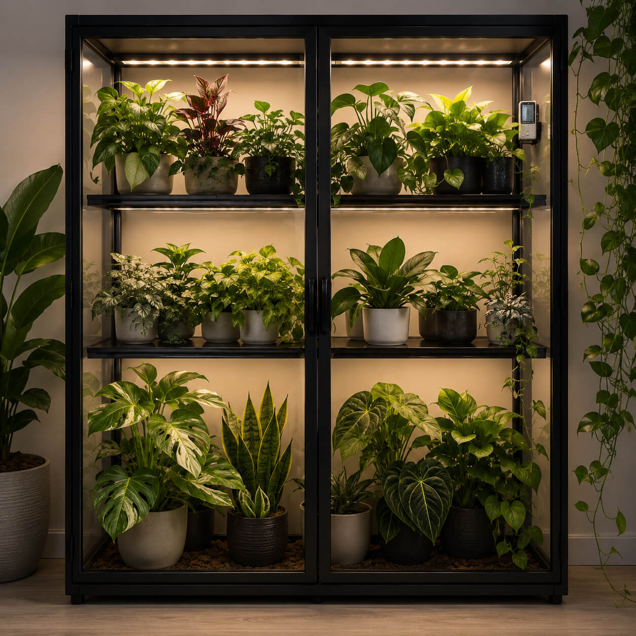 Indoor plant nursery with various potted plants inside a glass cabinet.