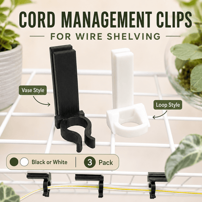 Two cord management clips for wire shelving, shown on a white wire shelf with decorative plants. One clip is black and labeled 'Vase Style,' and the other is white and labeled 'Loop Style.